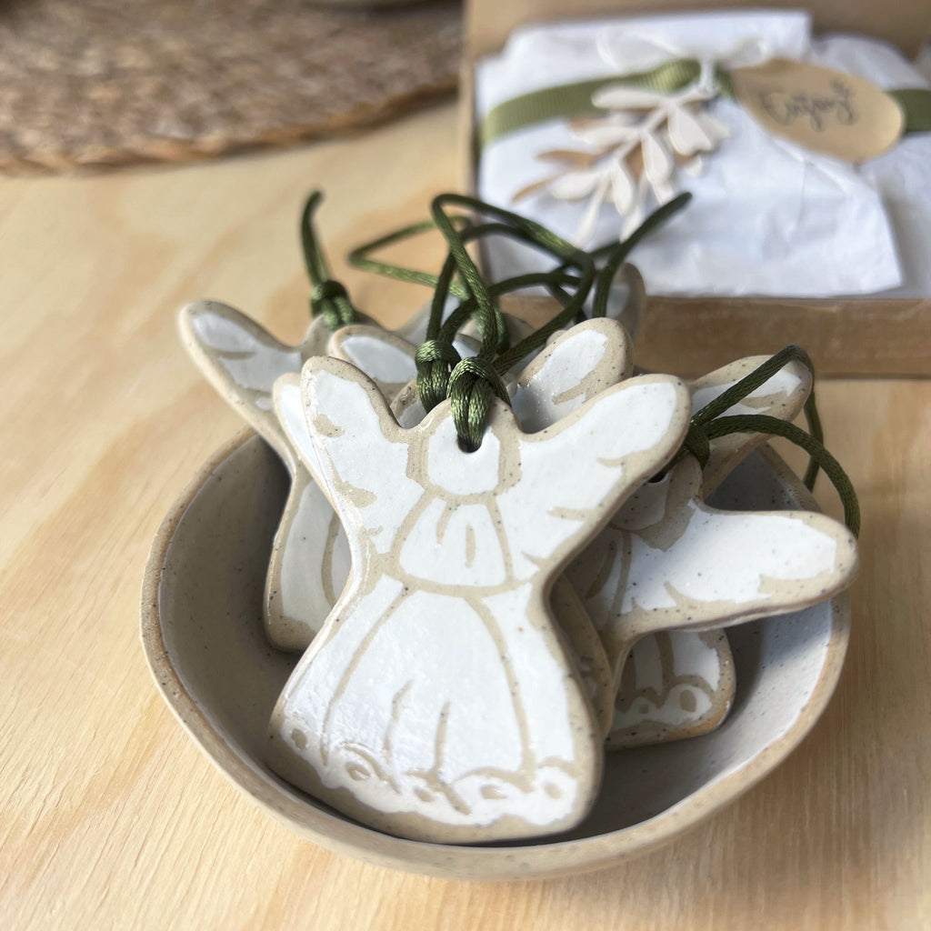 Handmade Ceramic Christmas Decorations Three Angels in a bowl